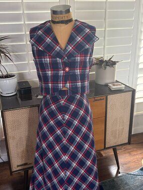 Vintage 70s Handmade Navy Red Plaid Crop Vest Maxi Skirt Set 2PC Bias Cut XS/S